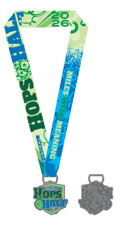 Hops Half inaugural finisher medal with ribbon